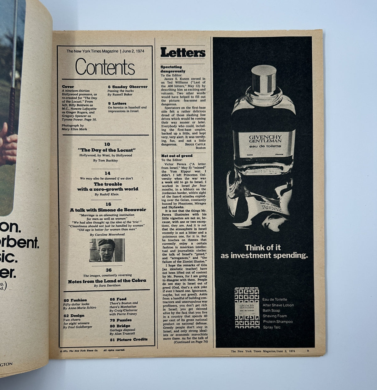 The New York Times Magazine June 2, 1974 interior page showcasing the Table of Contents and an advertisement for Givenchy, illustrating vintage magazine design and cultural context.