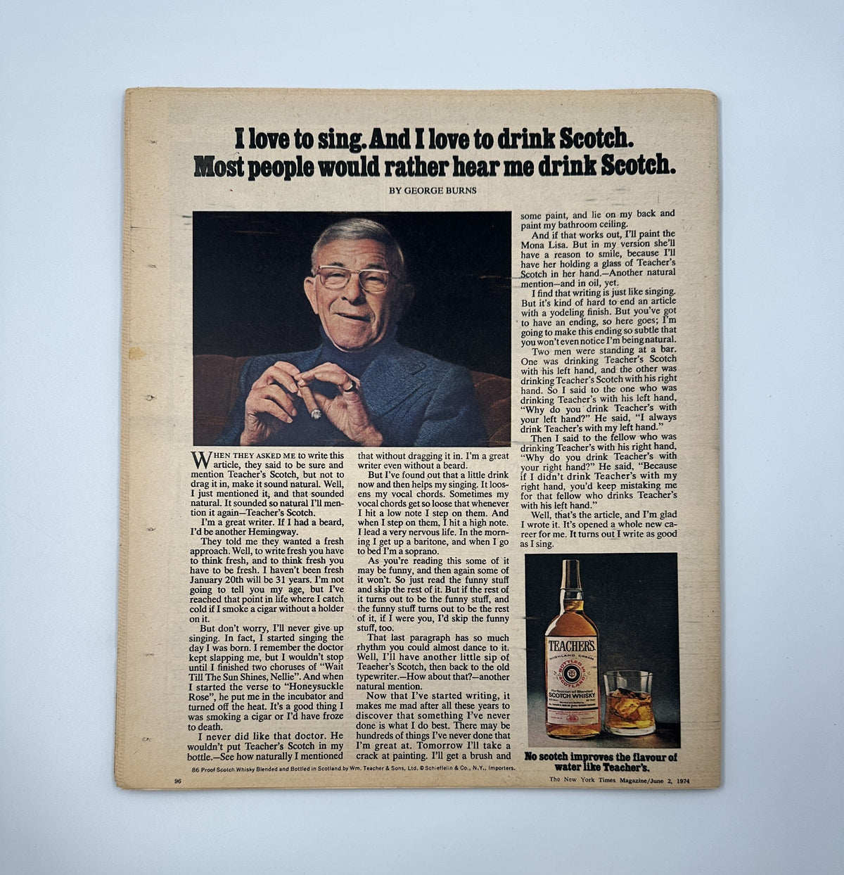 The New York Times Magazine June 2, 1974 Hollywood Premiere Cover featuring an article by George Burns about singing and drinking Scotch, accompanied by a visual representation of George Burns holding a drink. The magazine showcases a vintage style and captures the essence of Hollywood in the 1970s.