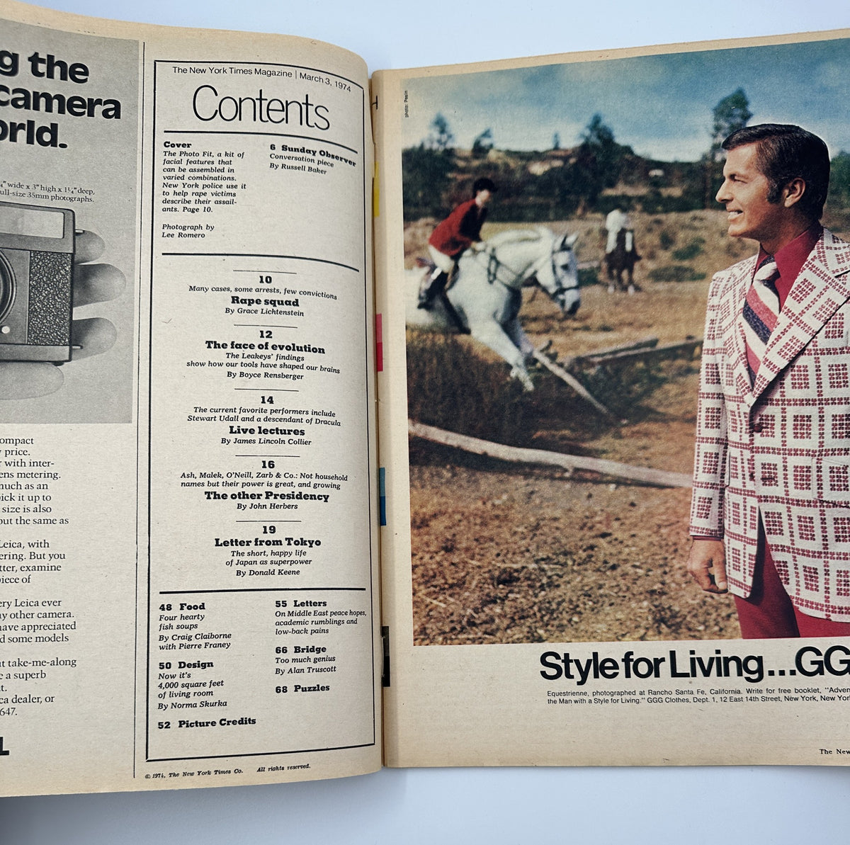 The New York Times Magazine March 3, 1974 showing the Table of Contents page featuring articles on the Rape Squad and the face of evolution with images of a man in a patterned suit standing beside a horse.