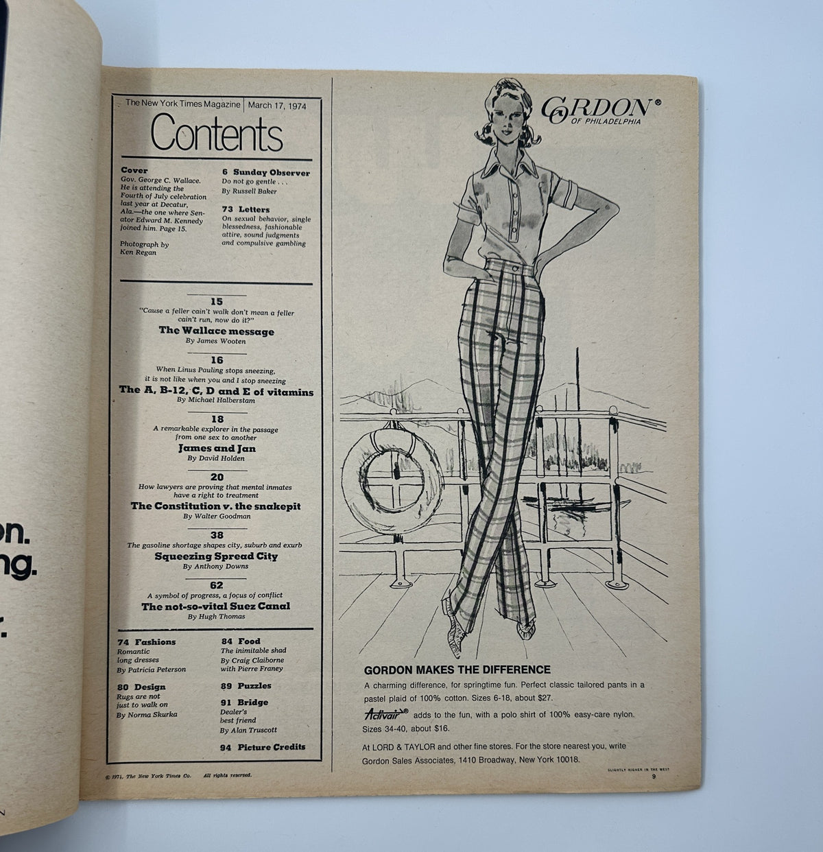 The New York Times Magazine March 17, 1974 Table of Contents page, illustrating the various articles and features included in the issue, highlighting its diverse topics and contributors.