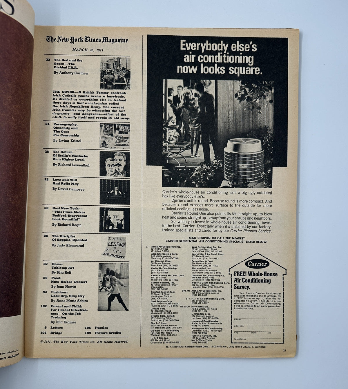 Interior page of The New York Times Magazine March 28, 1971 displaying the Table of Contents, highlighting articles including 'The Red and the Green'.