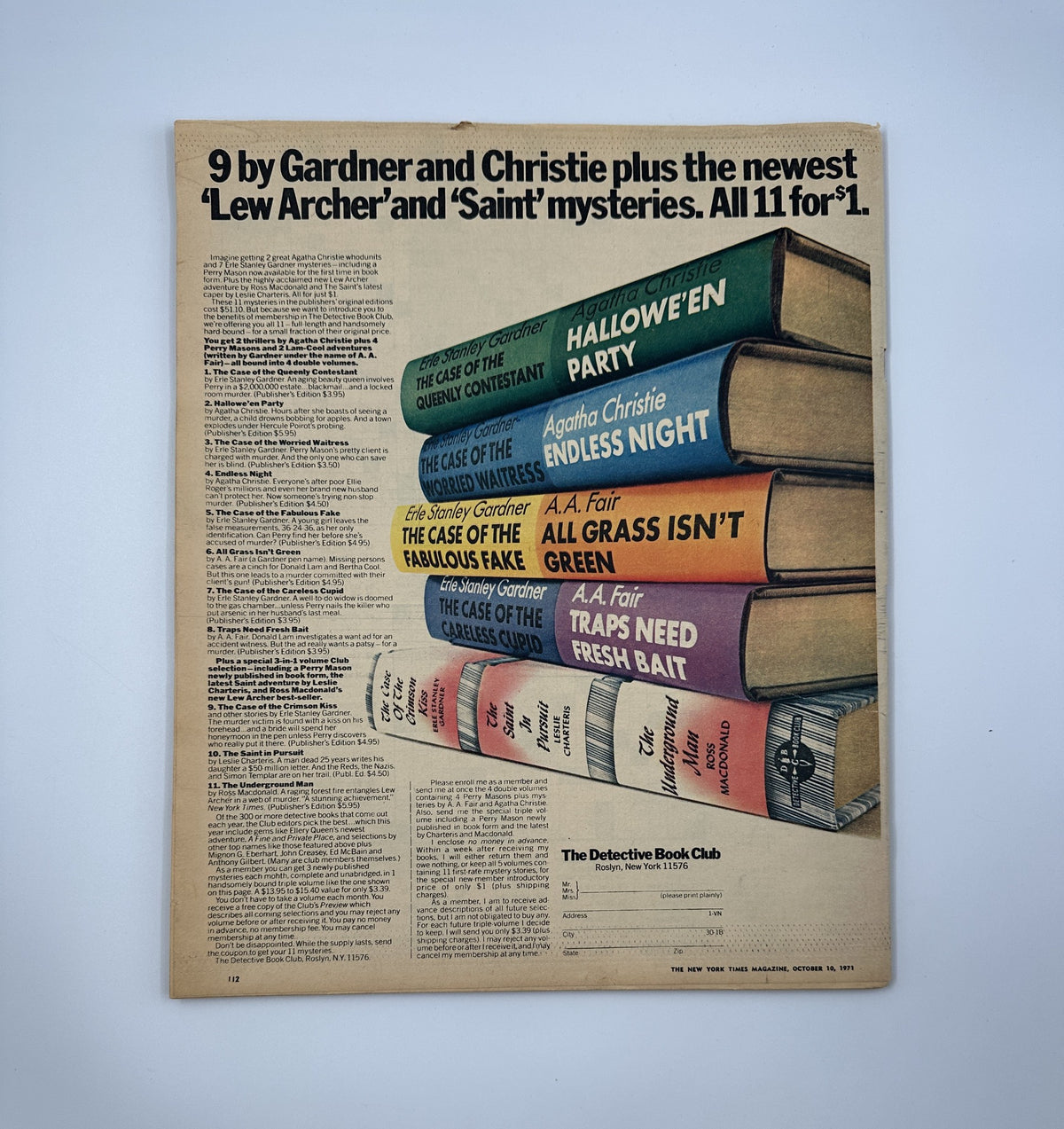 The New York Times Magazine October 10, 1971 back cover showcasing a colorful stack of detective novels, highlighting popular titles by Gardner and Christie, and promoting a special offer.