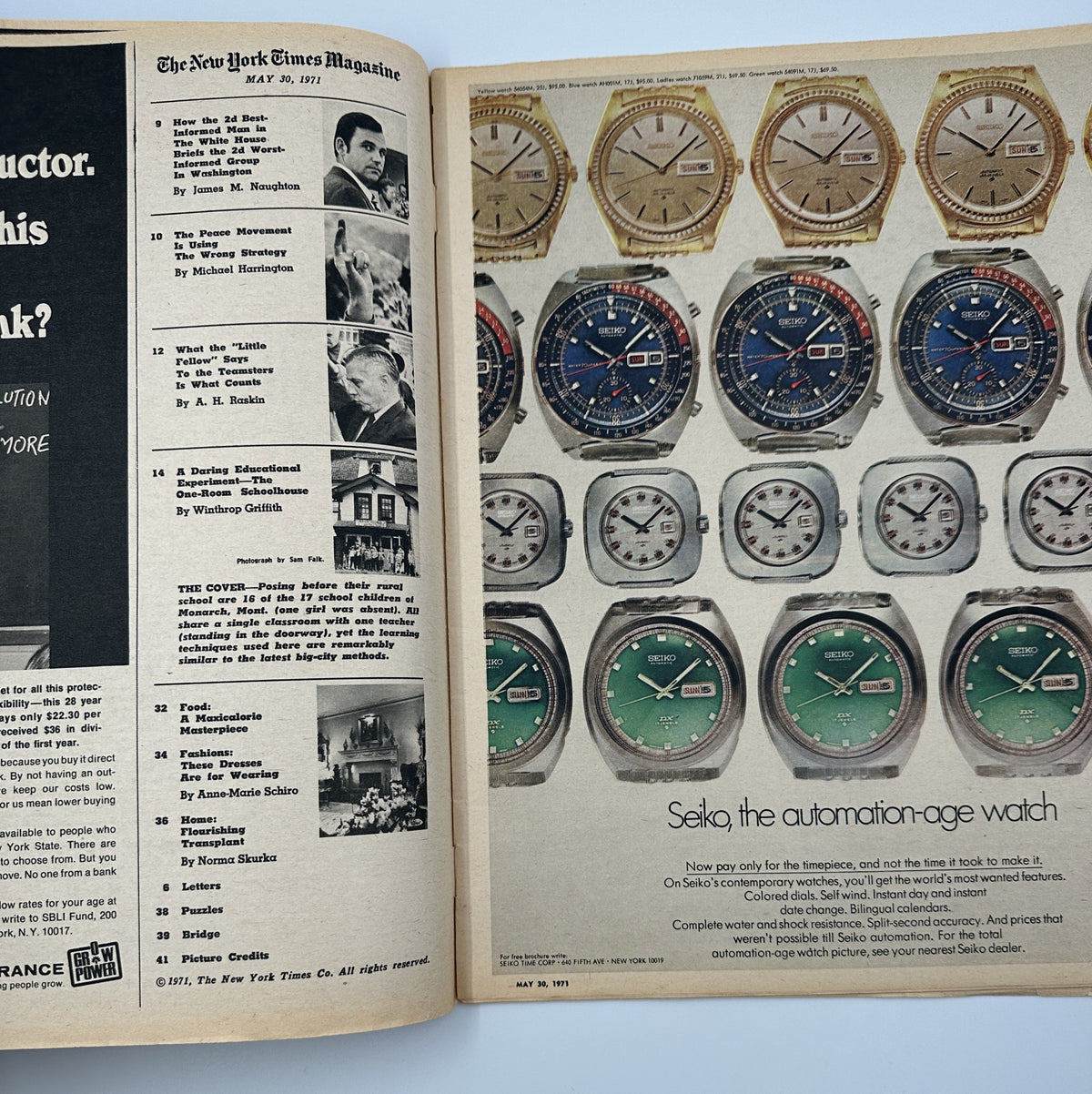 Inside spread of The New York Times Magazine from May 30, 1971, showcasing advertisements including Seiko watches and listing article topics related to education and society.