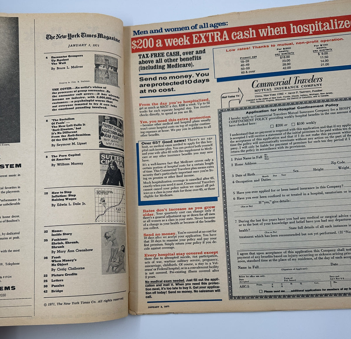 Interior page of The New York Times Magazine, January 3, 1971, displaying an advertisement offering extra cash for hospitalizations. The layout features bold text and a structured format, showcasing essential details for potential applicants.