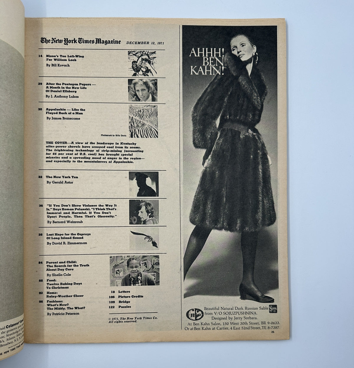 The New York Times Magazine December 12, 1971 interior page displaying the Table of Contents and a vintage fashion advertisement, illustrating the magazine's diverse content during that period.