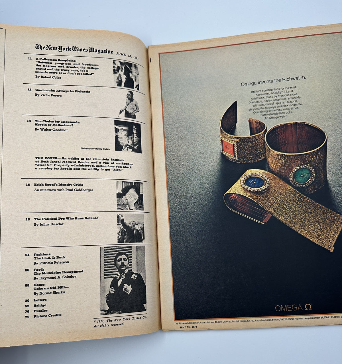 Inside page of The New York Times Magazine, June 13, 1971, showcasing the Table of Contents with articles on themes of addiction, policing, and an interview with author Erich Segal.
