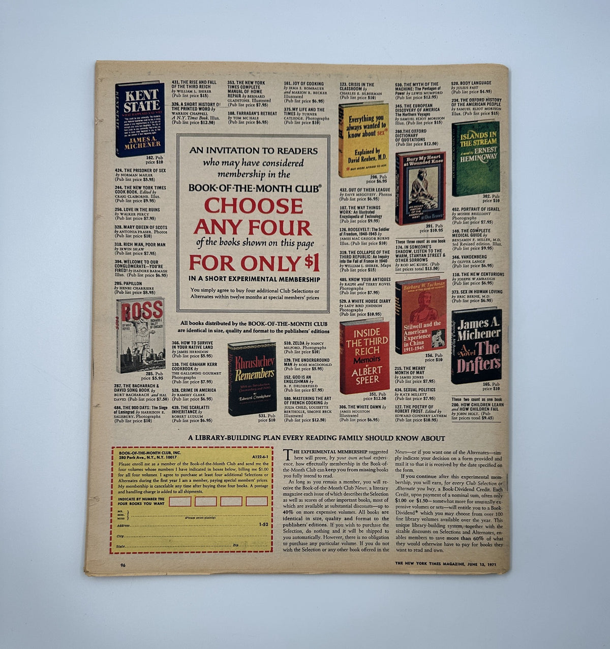 Back cover of The New York Times Magazine, June 13, 1971, featuring advertisements for various books and a promotion for the Book-of-the-Month Club.