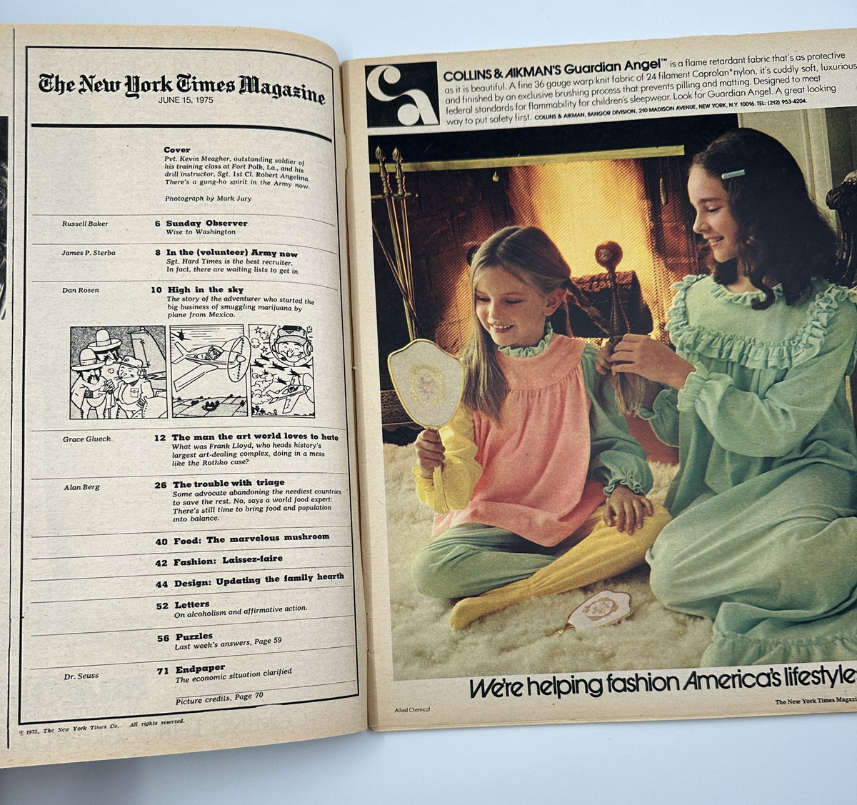 Interior page of The New York Times Magazine June 15, 1975 displaying the Table of Contents and two girls in vintage pajamas, highlighting fashion and lifestyle topics from the issue.