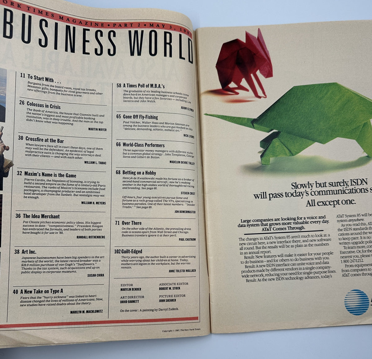 Inside spread of The New York Times Magazine from May 3, 1987, displaying the Table of Contents for the 'Business World' section, detailing featured articles including 'Colossus in Crisis', 'Crossfire at the Bar', and 'World-Class Performers'.