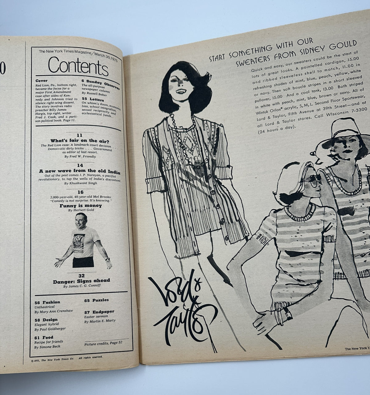 Inside page of The New York Times Magazine March 30, 1975 showing the Table of Contents, highlighting key articles such as 'What's fair on the air?' and 'A new wave from the old India'.
