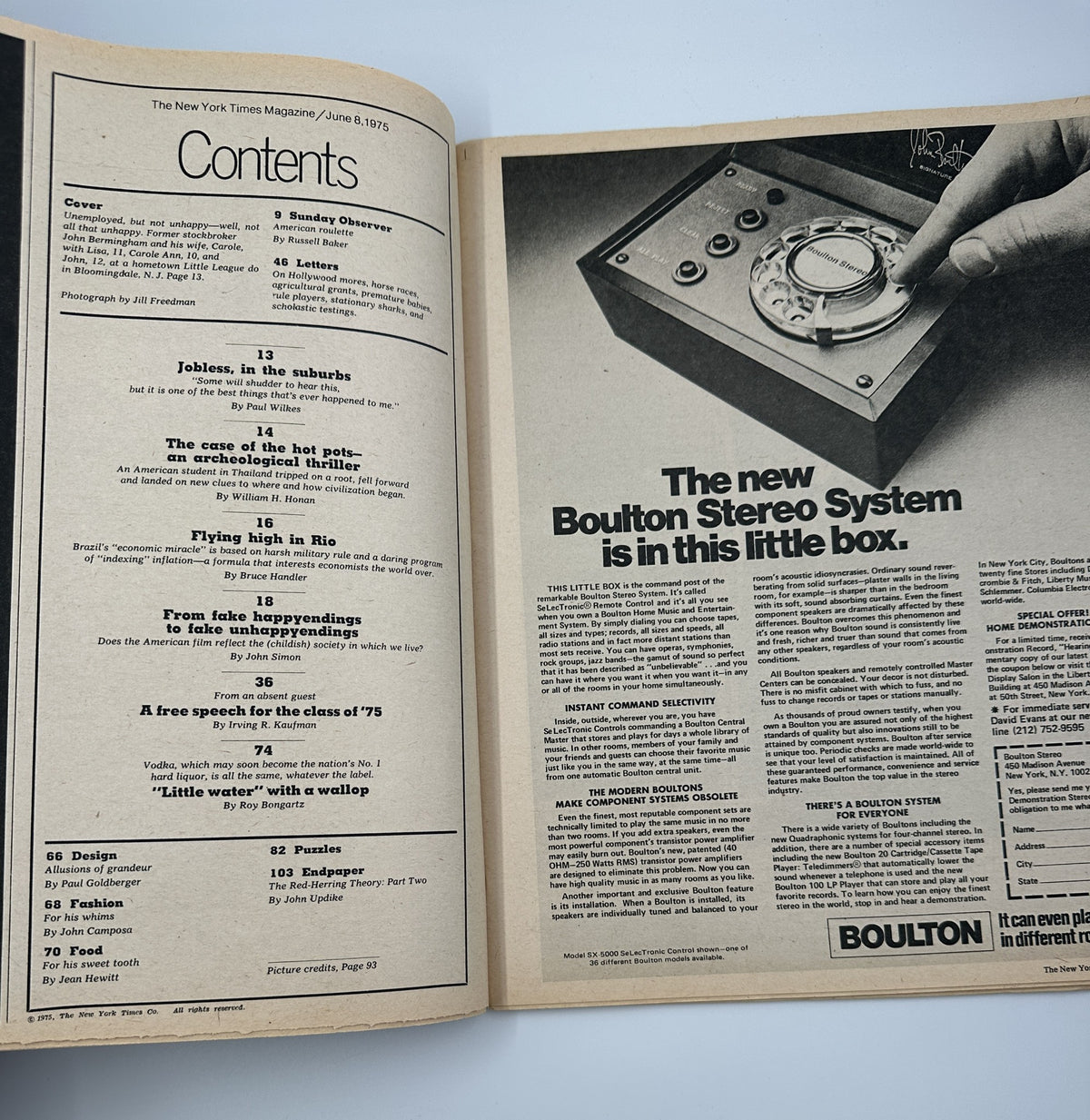 The New York Times Magazine June 8, 1975 cover featuring the Table of Contents page with a preview of articles including joblessness in suburbs and a Boulton stereo system advertisement.