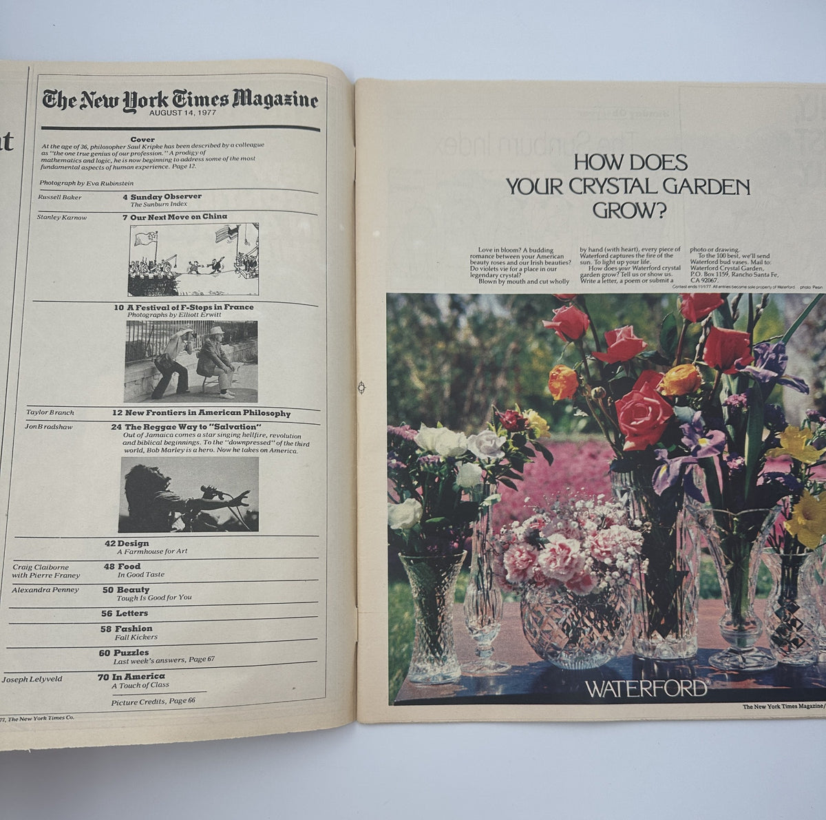The New York Times Magazine August 14, 1977 showing a colorful floral arrangement with crystal vases, featuring the headline 'How Does Your Crystal Garden Grow?' alongside the Table of Contents from the issue.