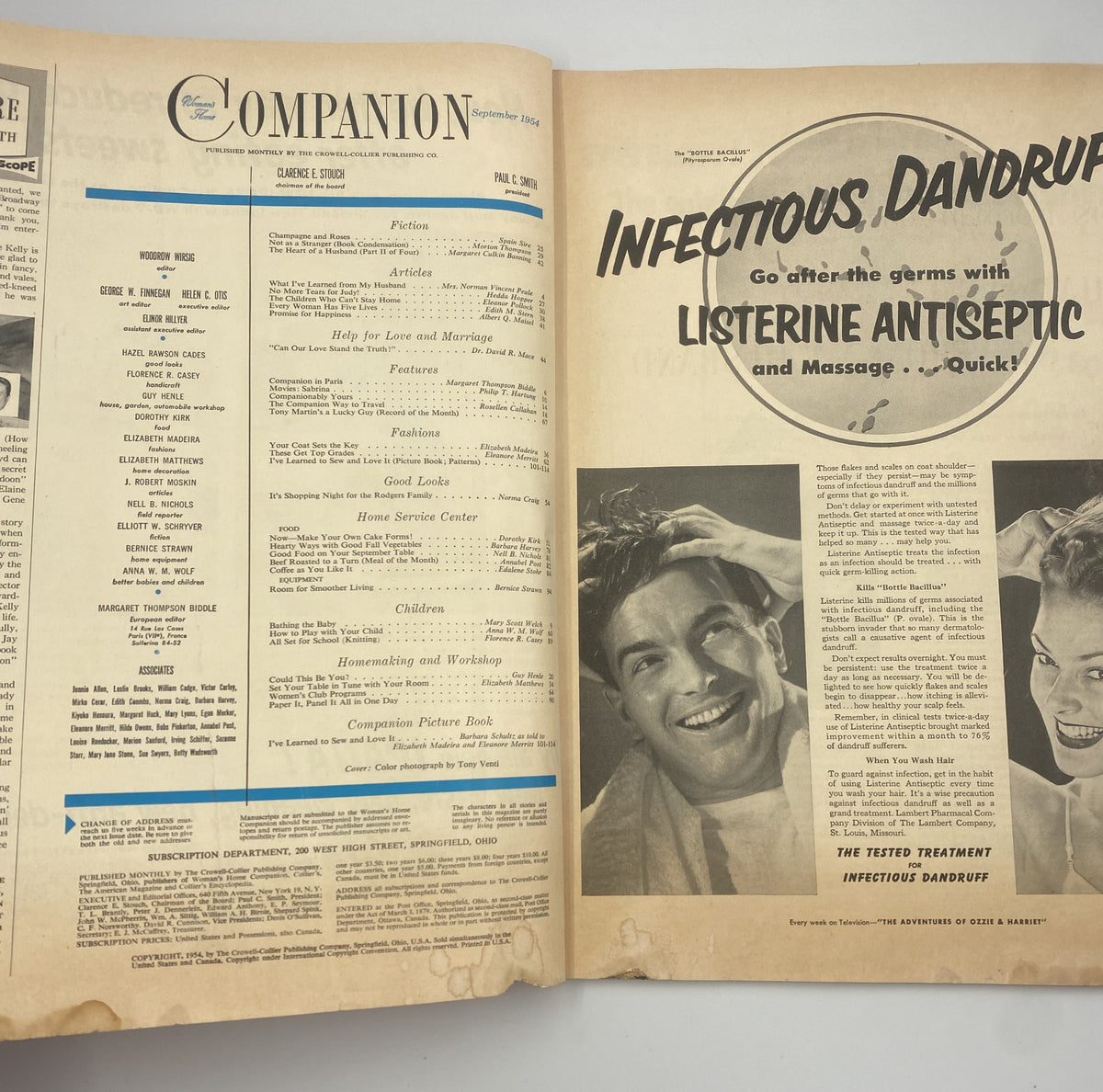 Table of contents page from Woman’s Home Companion Magazine September 1954 highlighting various articles including subjects like 'Infectious Dandruff' and 'Home Service Center'.