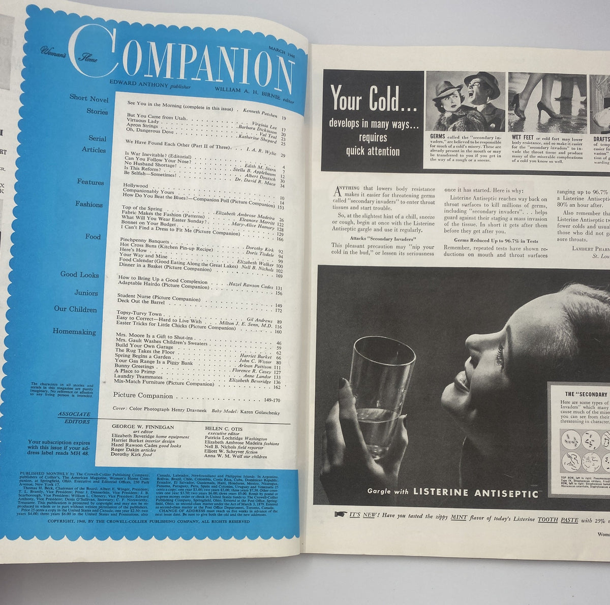 Interior page of Woman’s Home Companion Magazine, March 1948, displaying the table of contents and advertisements, encapsulating the magazine's mid-20th century aesthetic.