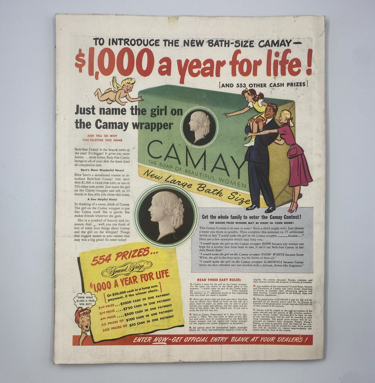 Back cover of Woman’s Home Companion Magazine, March 1948, featuring an advertisement for Camay soap and a contest, highlighting vintage marketing strategies.