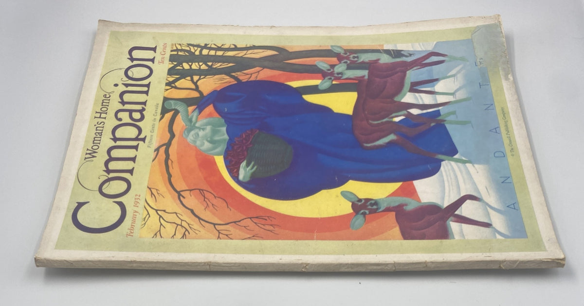 February 1932 issue of Woman’s Home Companion Magazine with an Art Deco Andante cover design by W. Welsh, depicting a blue-clad figure surrounded by deer in a snowy scene.