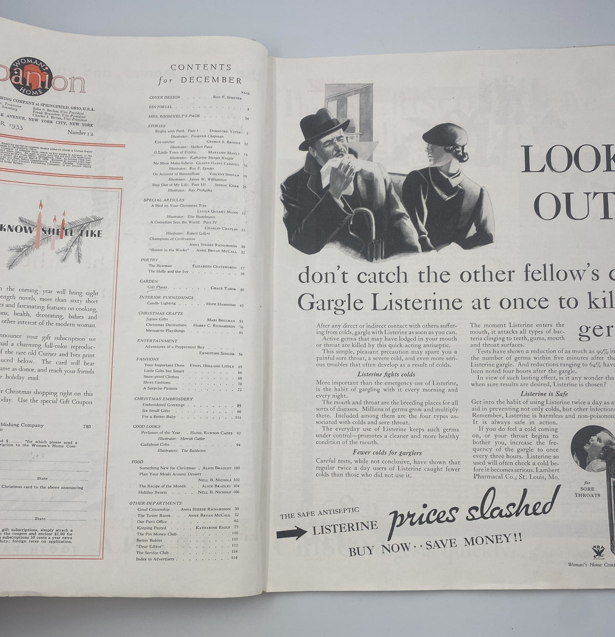 Interior page of the Woman's Home Companion Magazine December 1933, displaying content listings and advertisements for the issue titled 'Christmas Bright with Peril.'