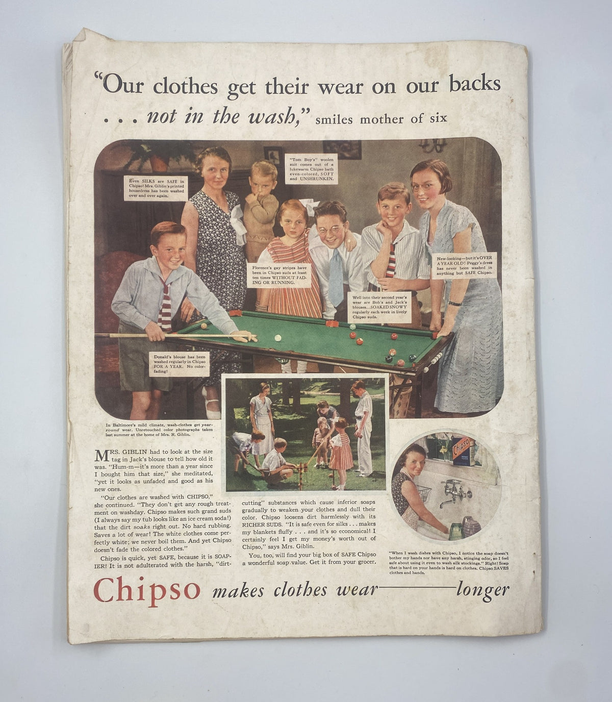 Back cover of Woman’s Home Companion Magazine February 1934 featuring an advertisement for Chipso laundry detergent, illustrating a family with children playing a game, promoting the longevity of clothing.