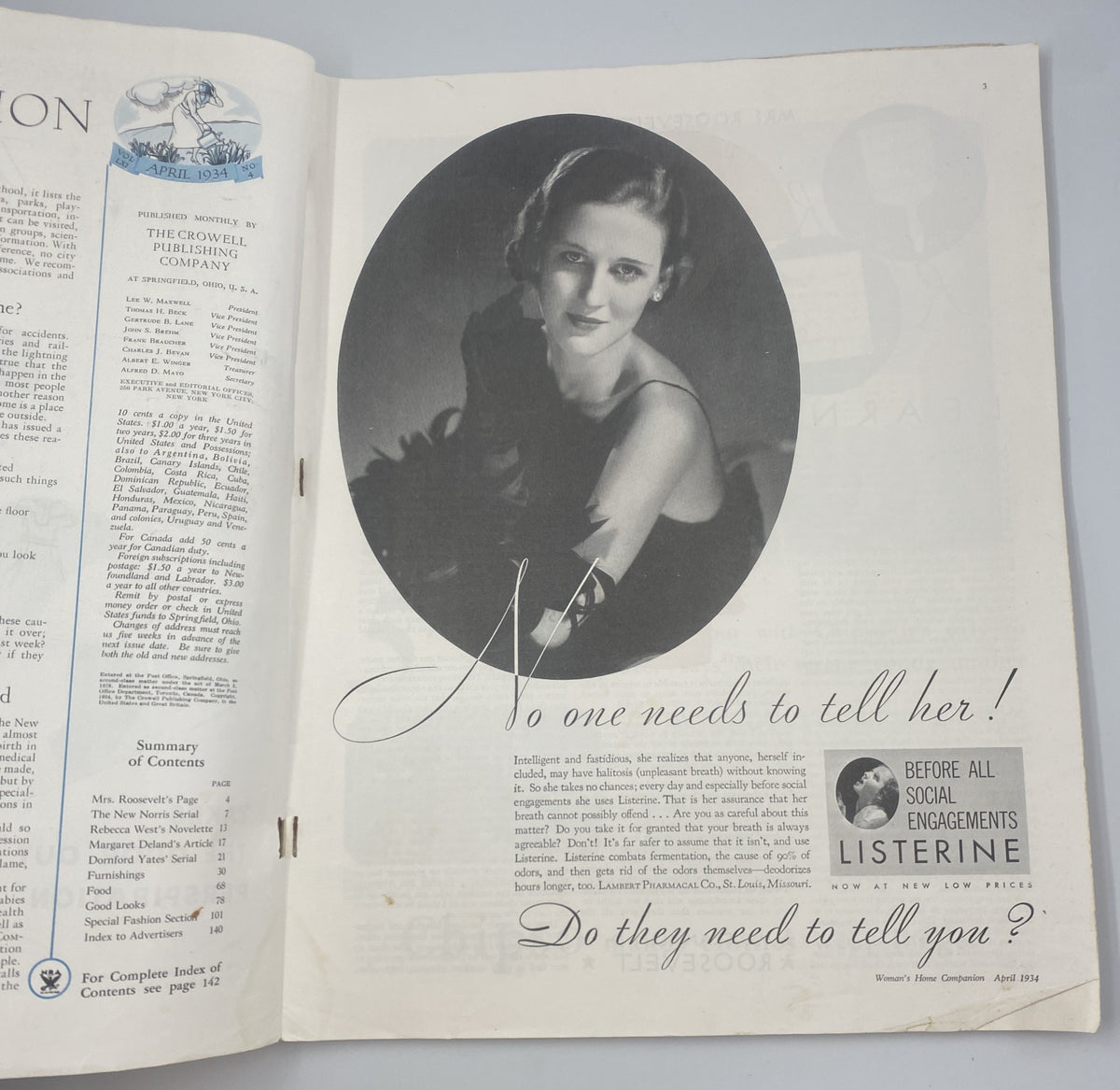 Inside page of Woman’s Home Companion Magazine April 1934 featuring an advertisement with a portrait of a woman and text asking, 'No one needs to tell her!' promoting Listerine.