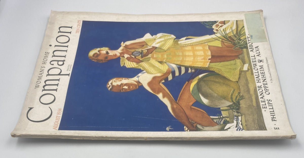 Cover of Woman’s Home Companion Magazine, August 1934 featuring illustrations of a fashionable woman and a man in stylish attire, reflecting the era's fashion trends.