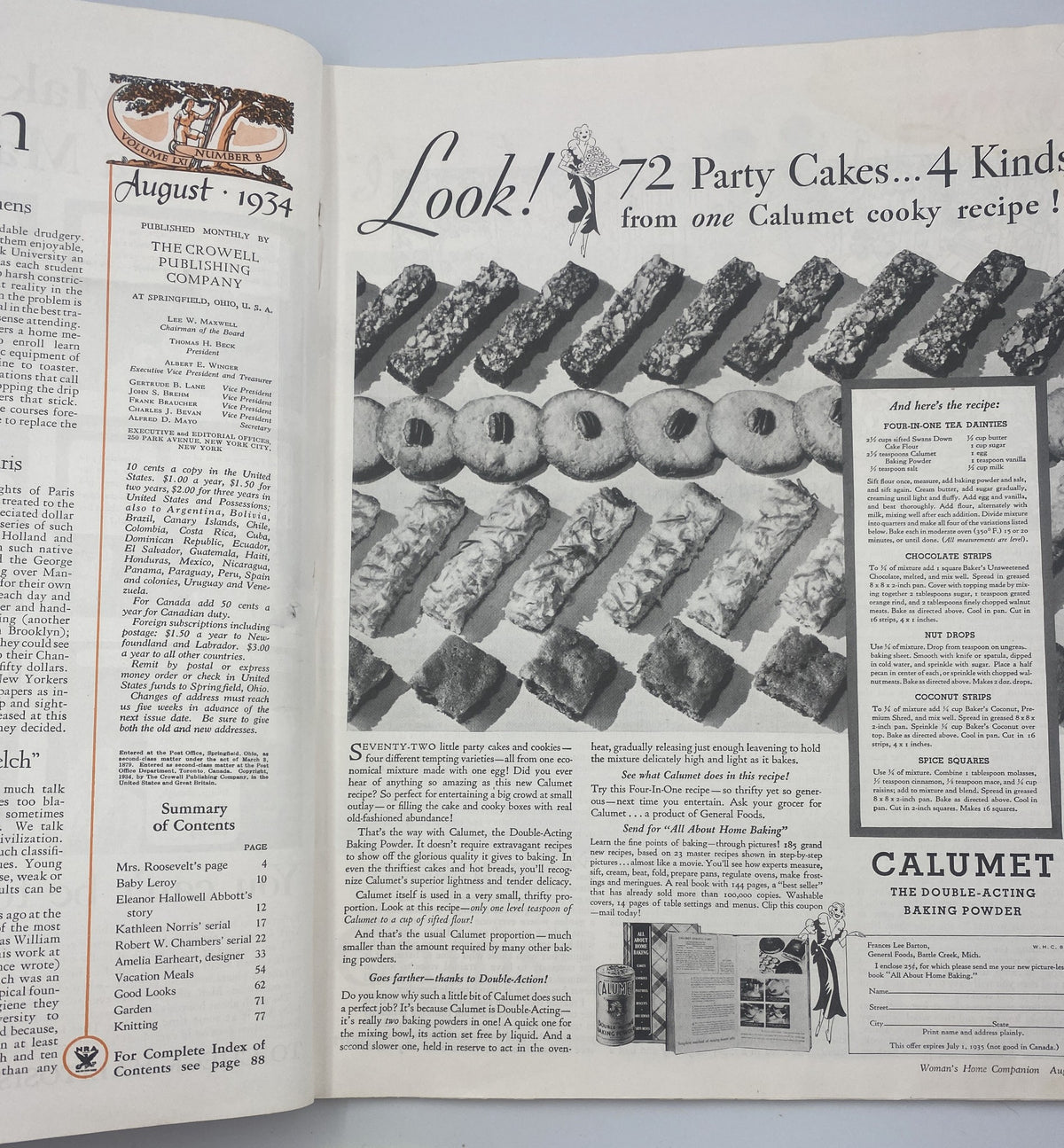 Interior page from Woman’s Home Companion Magazine, August 1934, showcasing a feature on party cakes with a collection of colorful pastry images and Calumet baking powder advertisement.