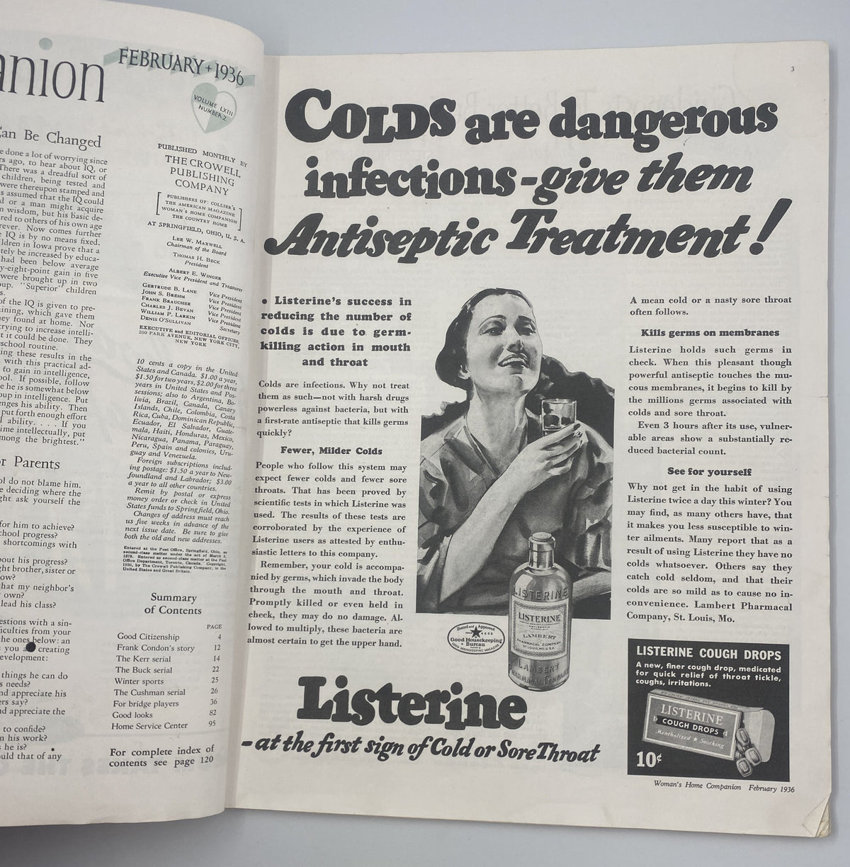 Interior page of Woman’s Home Companion Magazine February 1936 advertising Listerine, emphasizing antiseptic treatment for colds, with an image of a woman holding the product.