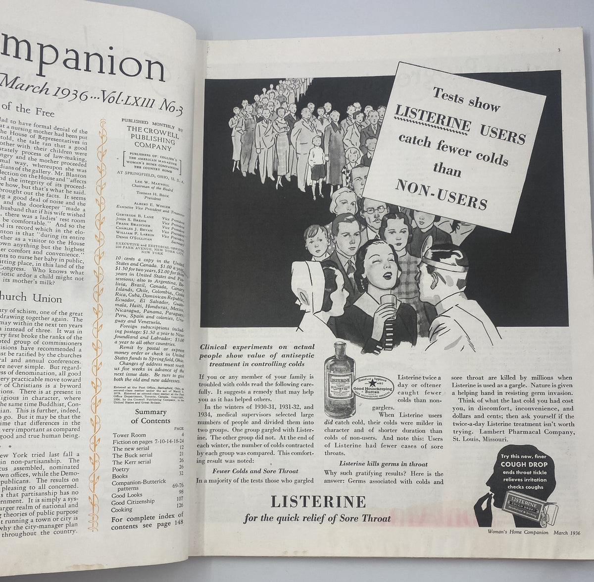 Inside page from the Woman’s Home Companion Magazine March 1936 displaying an advertisement for Listerine with a visual representation of its use during colds.