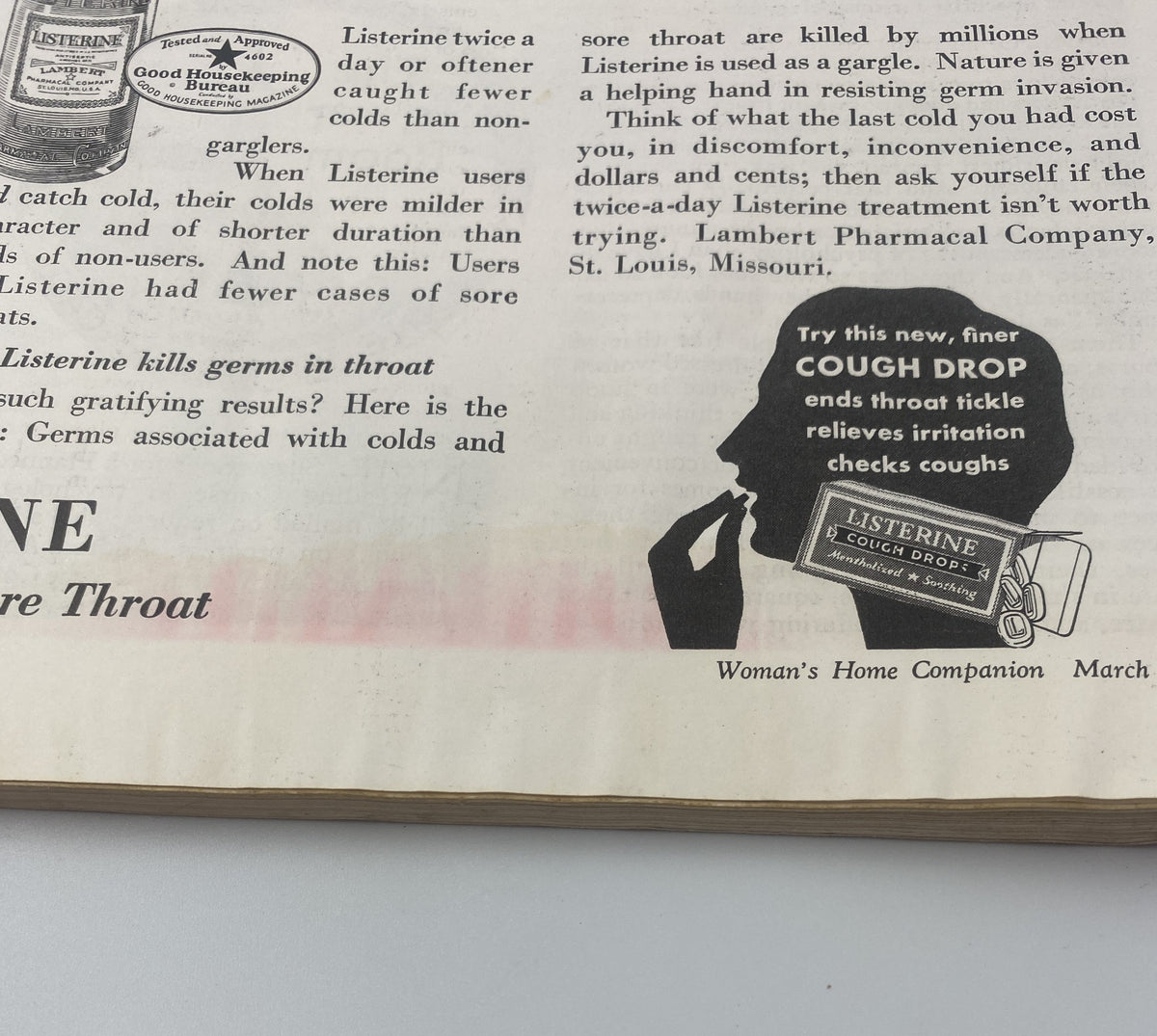 Close-up of an advertisement in Woman’s Home Companion Magazine March 1936 promoting Listerine and its benefits for sore throats.