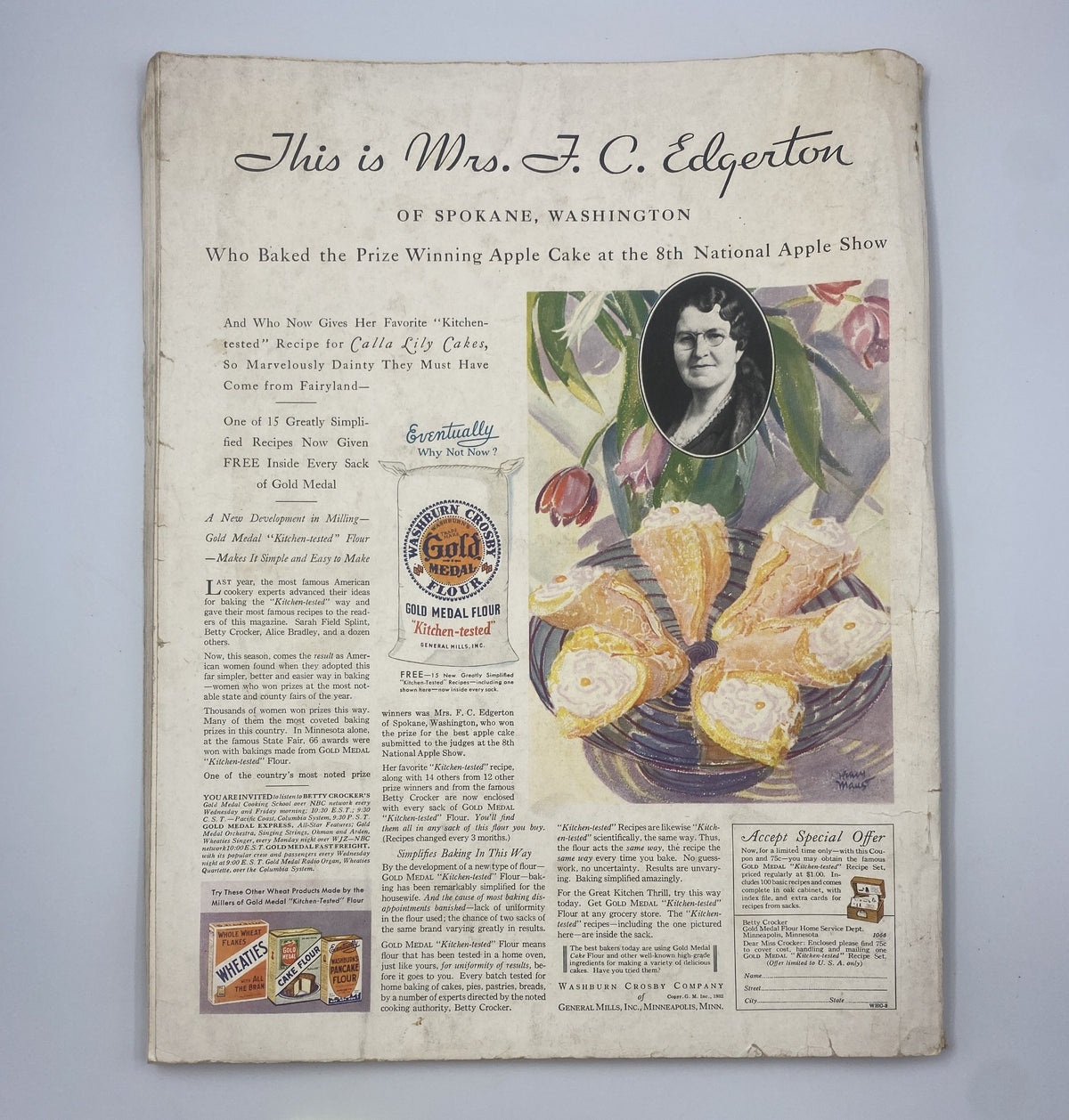 Back cover of Woman’s Home Companion Magazine March 1932 featuring an advertisement and a portrait of Mrs. T.C. Edgerton, a prize-winning cake baker from Spokane, Washington.