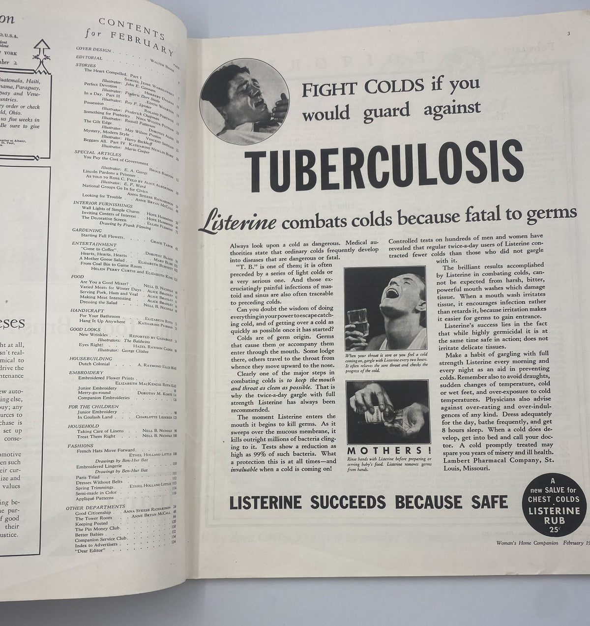Advertisement page from Woman’s Home Companion Magazine February 1933 promoting Listerine and its effectiveness against tuberculosis, featuring health tips.