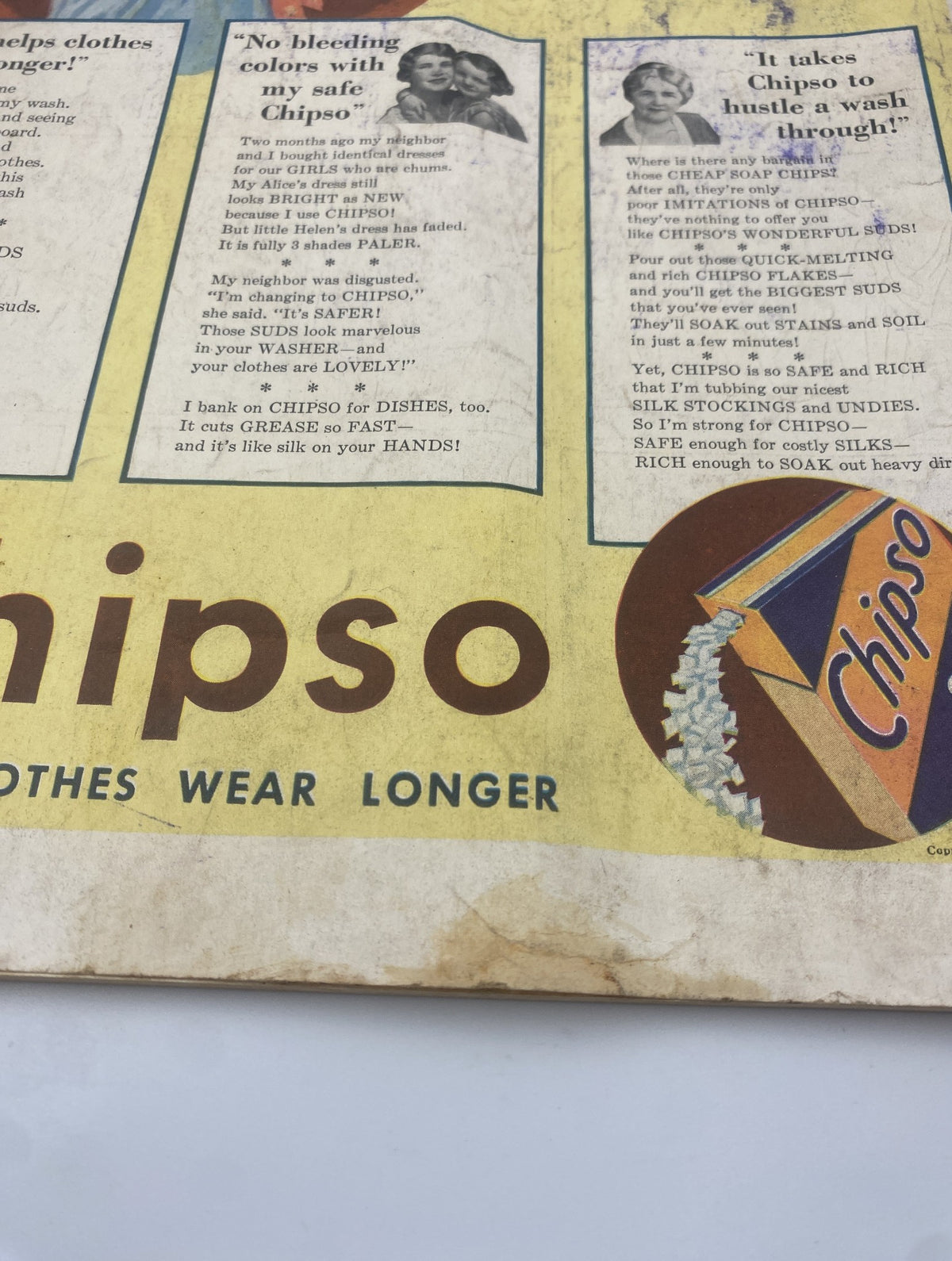 Advertisement for Chipso from the February 1933 issue of Woman’s Home Companion Magazine, showcasing laundry products that promote longer-lasting clothes.