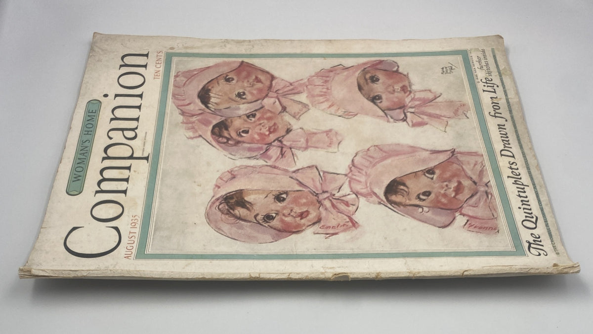 Cover of Woman’s Home Companion Magazine August 1935 featuring an artistic illustration of the quintuplets. The cover presents a nostalgic glimpse into the styles and themes of 1930s publications.
