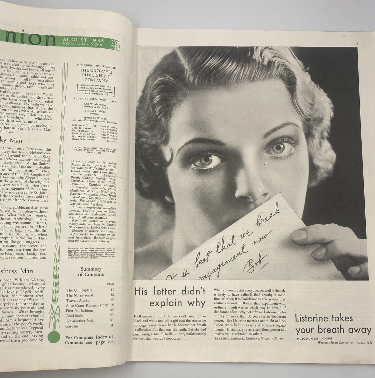 Inside page of Woman’s Home Companion Magazine August 1935, highlighting an elegant woman holding a letter. The page complements the advertisement for personal care with intriguing content relevant to the era.