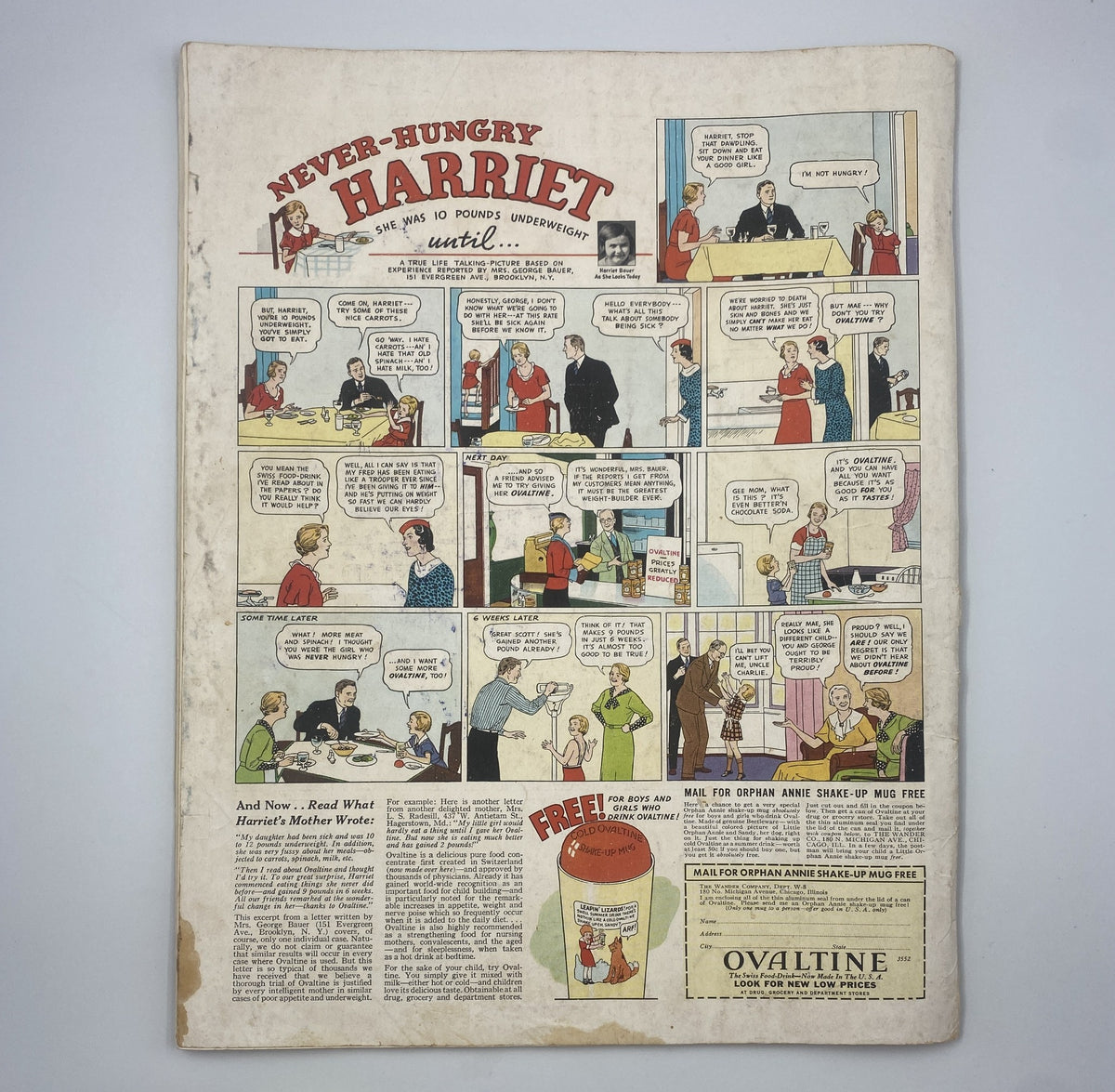 Back cover of Woman’s Home Companion Magazine August 1935 featuring a comic strip titled 'Never-Hungry Harriet'. This illustration encapsulates the playful tone of advertisements and storytelling from the magazine's time.