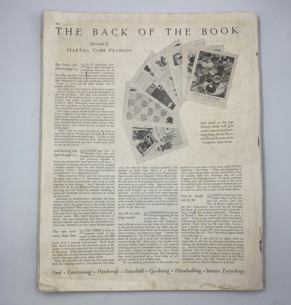 Back cover of Woman’s Home Companion Magazine November 1934, directed by Martha Cobb Peabody, displaying content details and advertisements related to food, gardening, and home furnishings.
