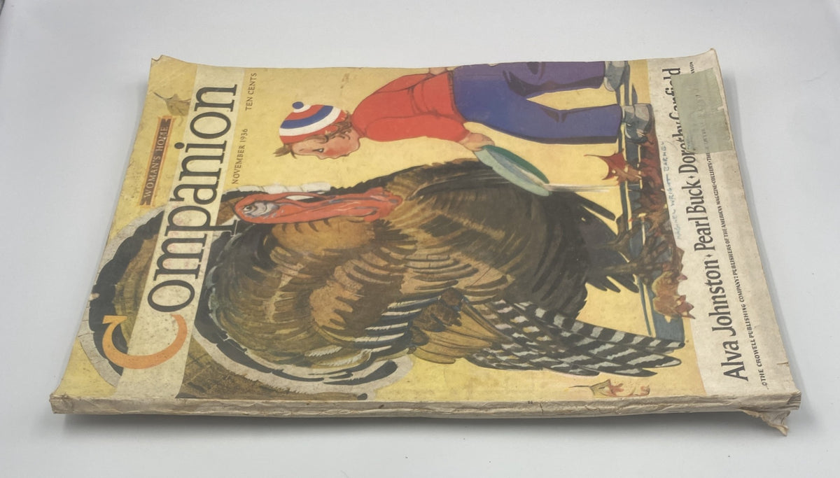 Cover of Woman’s Home Companion Magazine November 1936 featuring artwork by Alva Johnston, highlighting a Thanksgiving theme with a turkey and a boy.