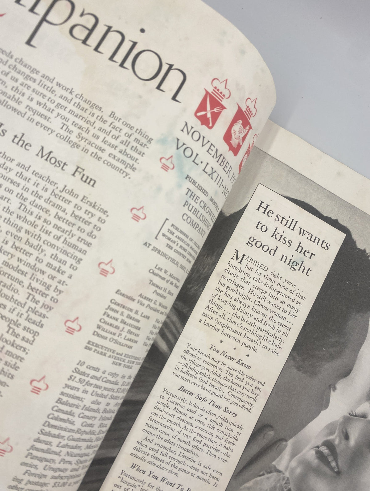 Close-up of an article from Woman’s Home Companion Magazine November 1936 discussing romance, featuring the title 'He still wants to kiss her good night'.