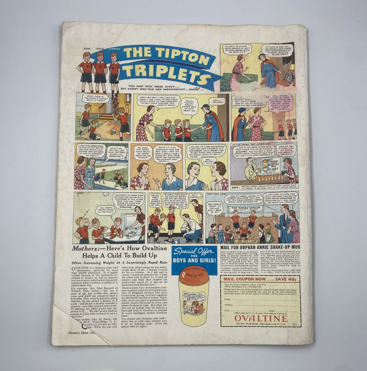 Back cover of Woman's Home Companion Magazine August 1936 showcasing a comic strip titled 'The Tipton Triplets’ alongside a product advertisement for Ovaltine.