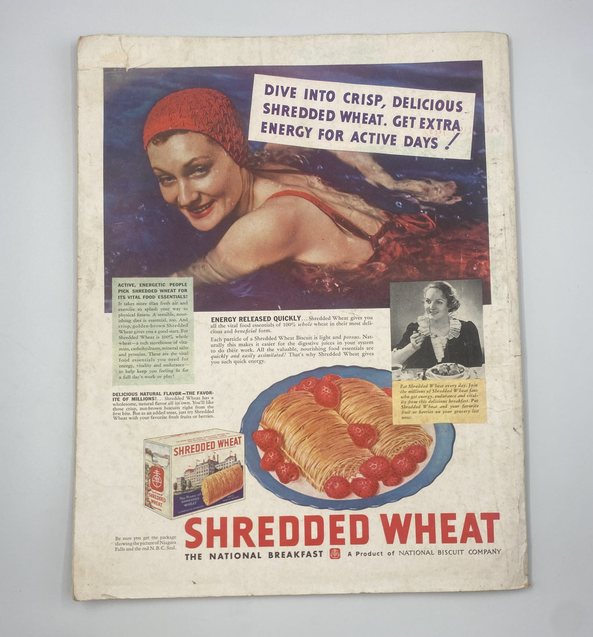 Cover of Woman’s Home Companion Magazine July 1936 featuring a vintage advertisement for Shredded Wheat with a woman in a swimsuit, promoting extra energy for active days.