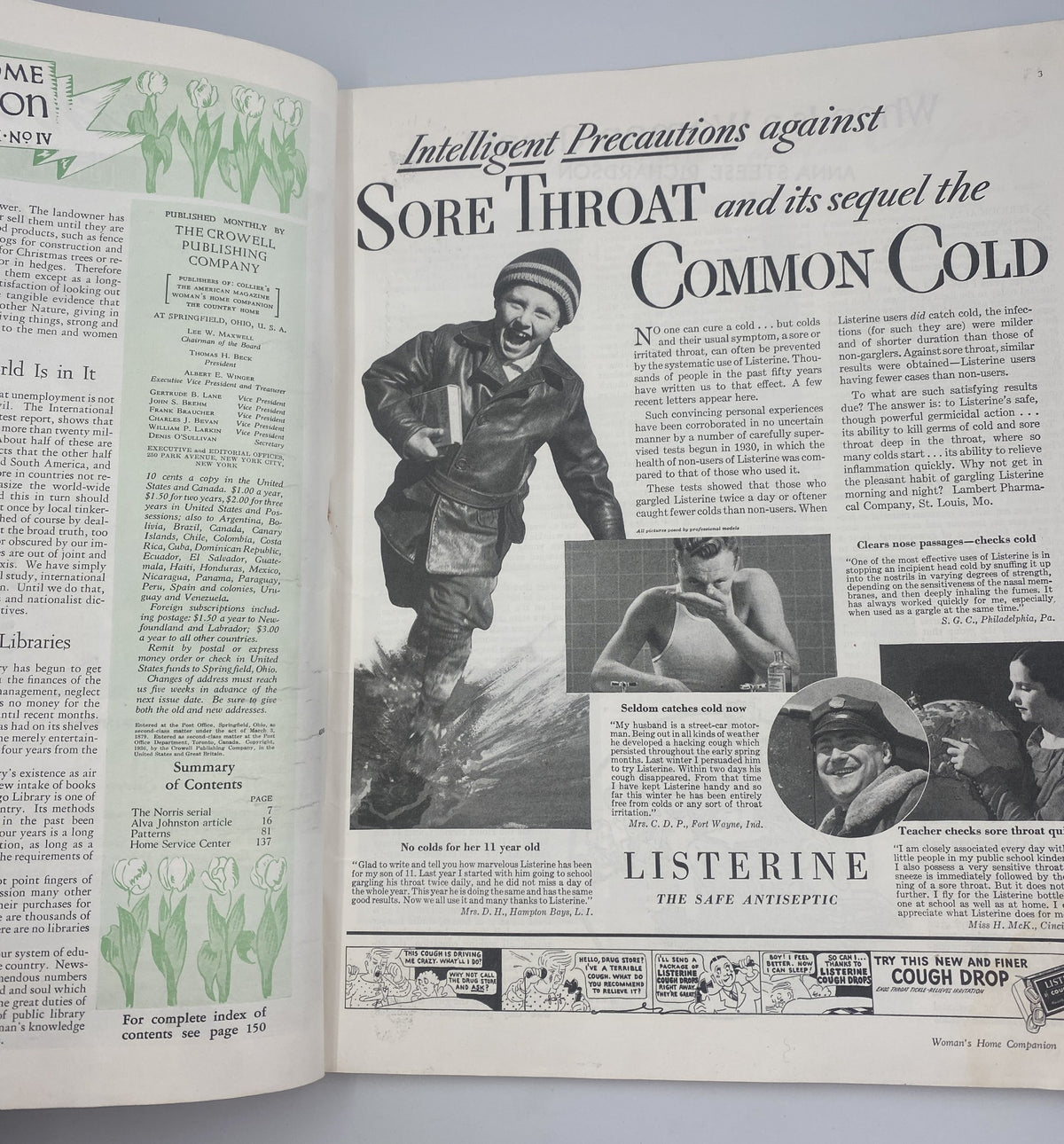 Interior page of Woman’s Home Companion Magazine April 1936 displaying an advertisement for Listerine with a child in winter attire, emphasizing health precautions, part of a historical magazine issue.