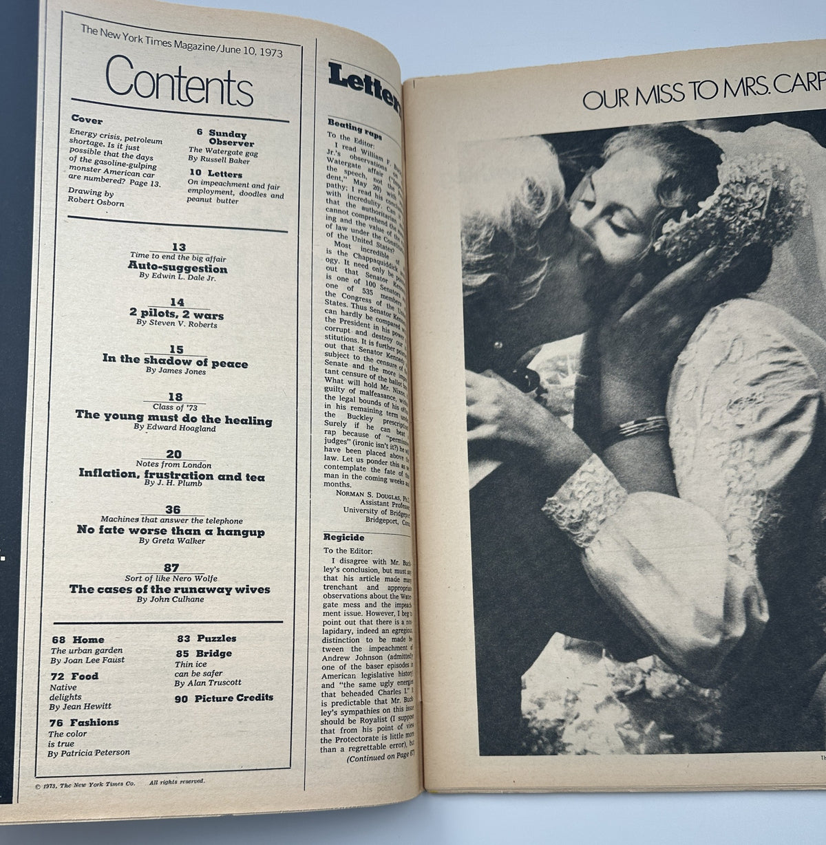 Interior page of The New York Times Magazine June 10, 1973 displaying the Table of Contents, highlighting various articles including 'Auto-suggestion' and features on societal topics.
