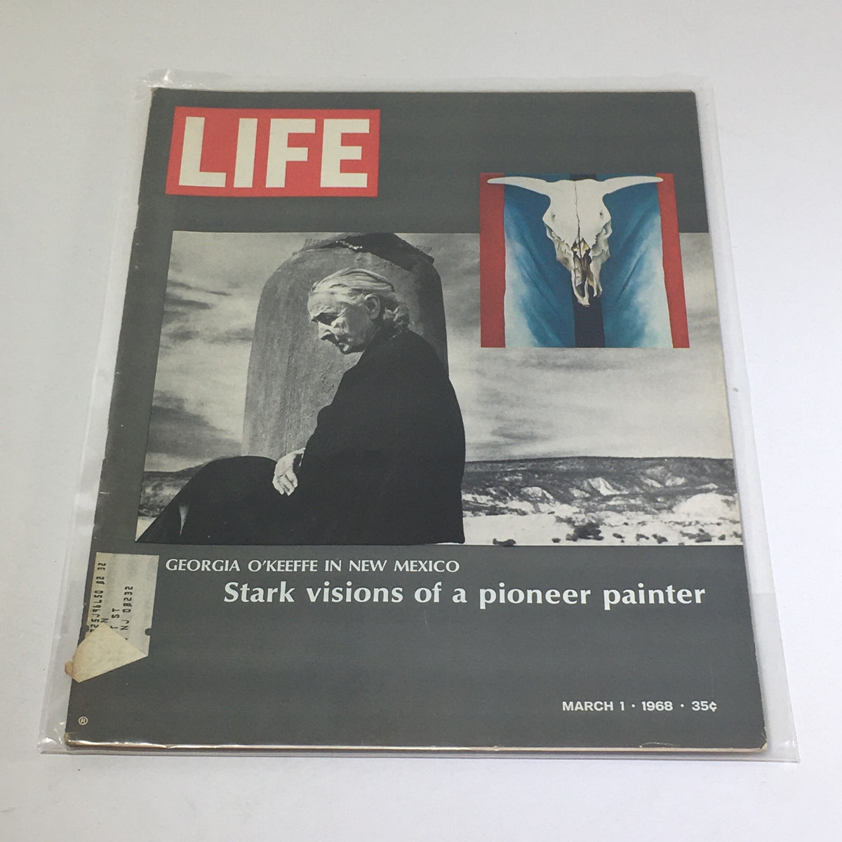Vintage Life Magazine cover from March 1, 1968, featuring Georgia O'Keeffe in New Mexico, showcasing the theme 'Stark visions of a pioneer painter' and highlighting the cultural essence of the 1960s.