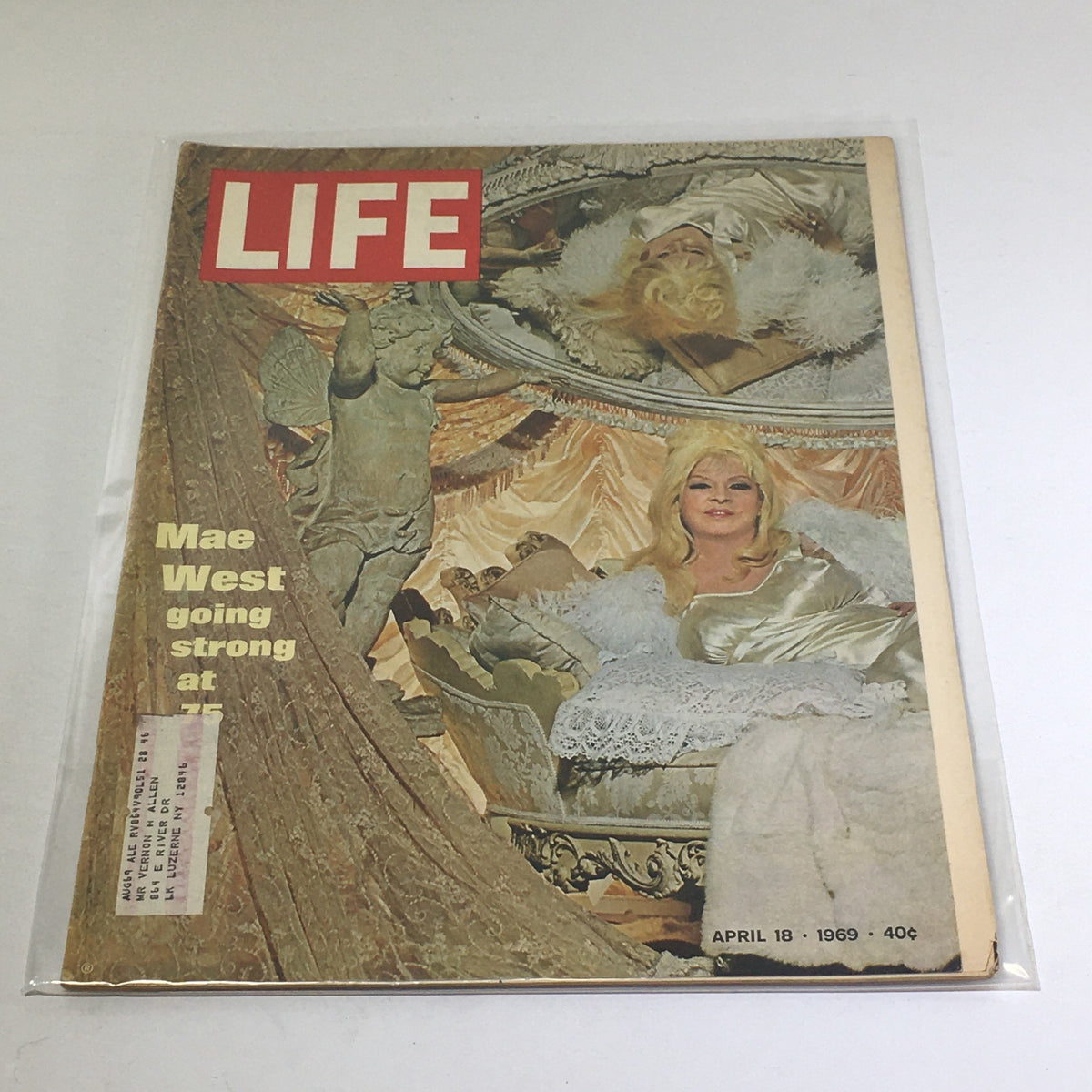 Vintage Life Magazine cover from April 18, 1969 featuring Mae West, celebrating her at 75 years old, showcasing her iconic style and glamour.