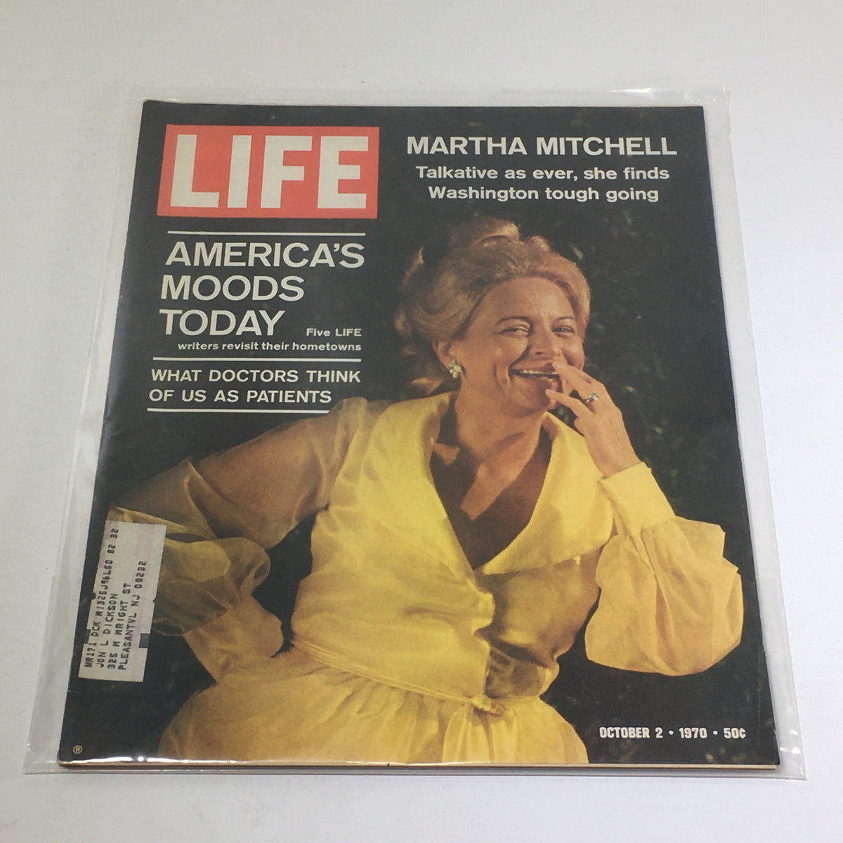 Vintage Life Magazine cover from October 2, 1970 featuring Martha Mitchell, capturing America's mood today with a stunning image of Mitchell in a yellow blouse, part of a significant period in American history.