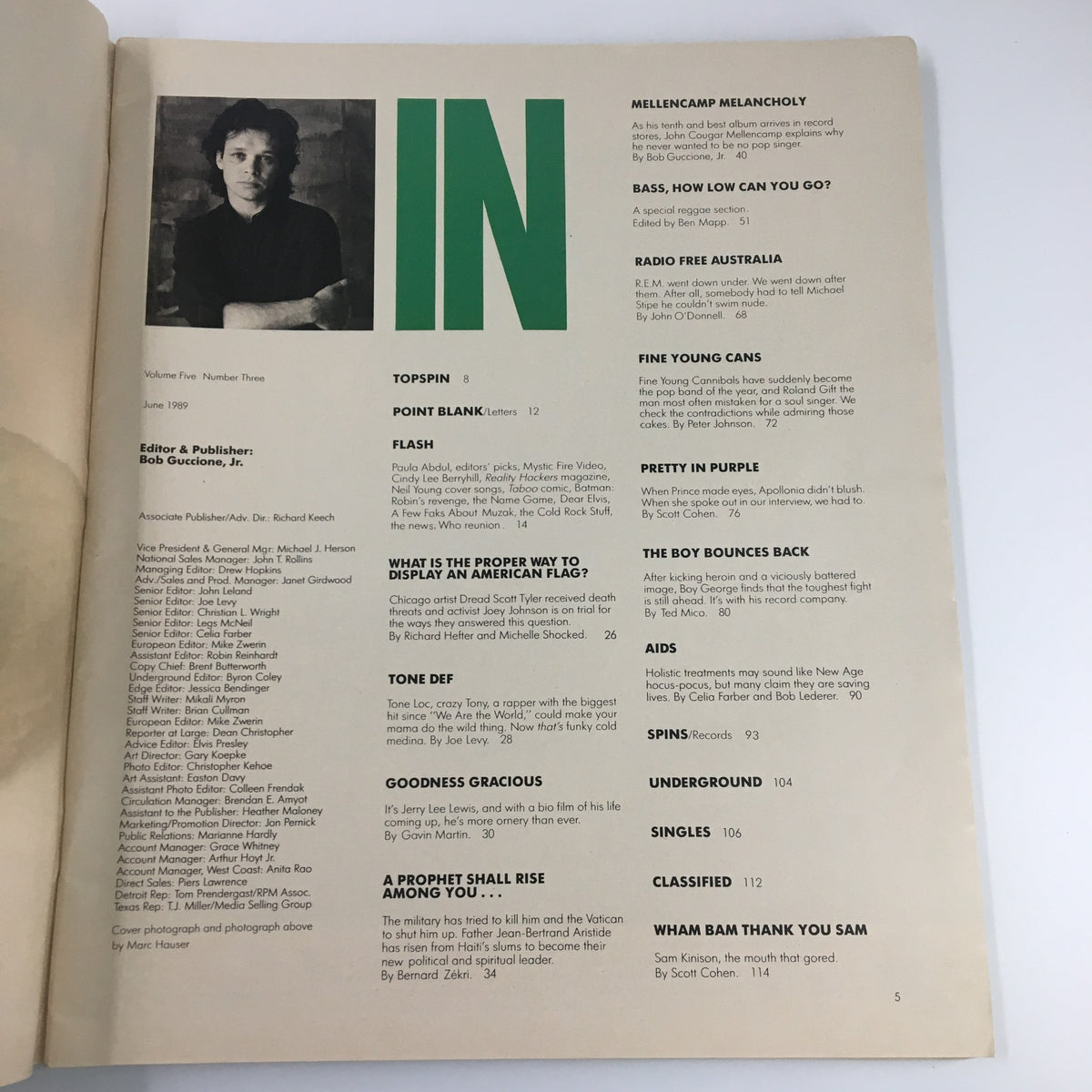 Inside spread of Spin Magazine June 1989 featuring the table of contents and editorial details alongside a black and white photo of John Cougar Mellencamp, highlighting this exclusive interview issue, Vol 5 #3.