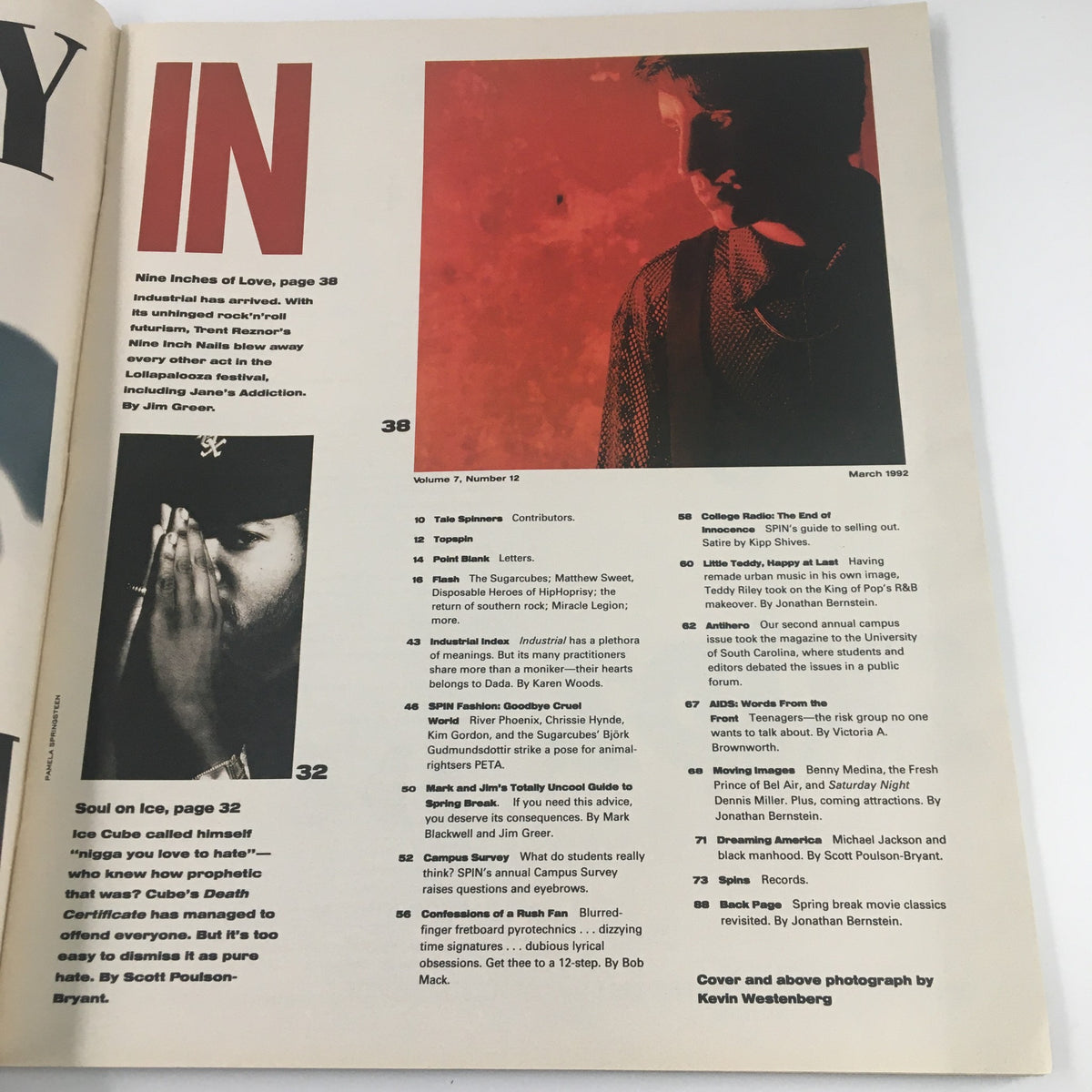 Inside page of Spin Magazine March 1992, Vol 7 #12 showcasing the contents section with features on Trent Reznor and other significant artists from that era.