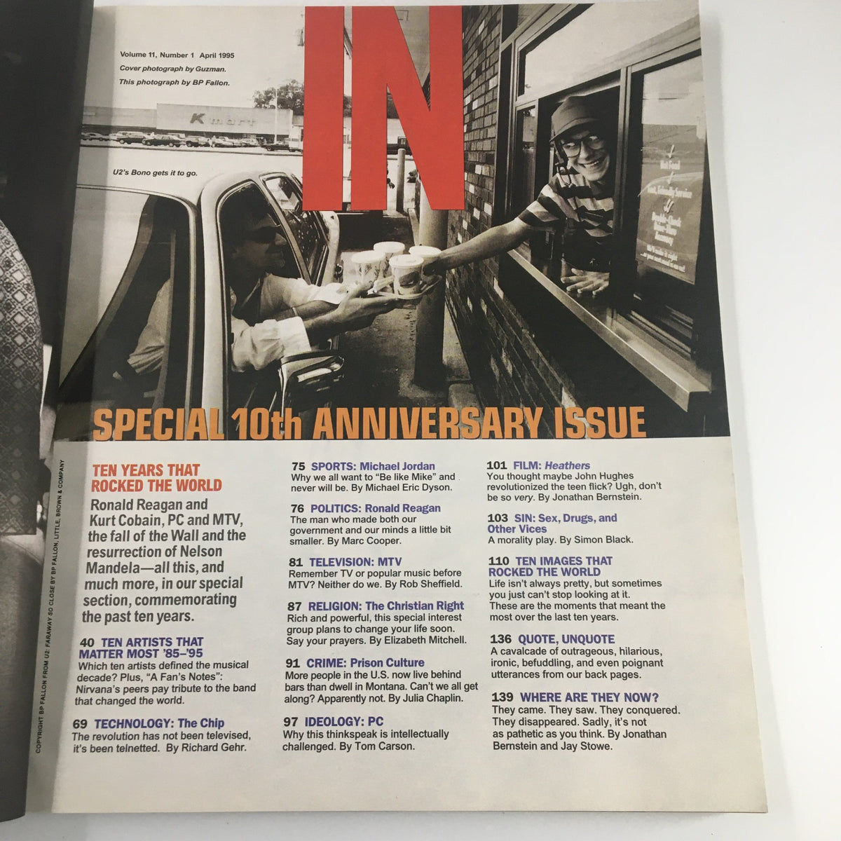 Inside page of Spin Magazine April 1995, Vol 11 #1, showcasing the contents including 'Ten Years That Rocked The World' and notable figures such as Ronald Reagan and Kurt Cobain.