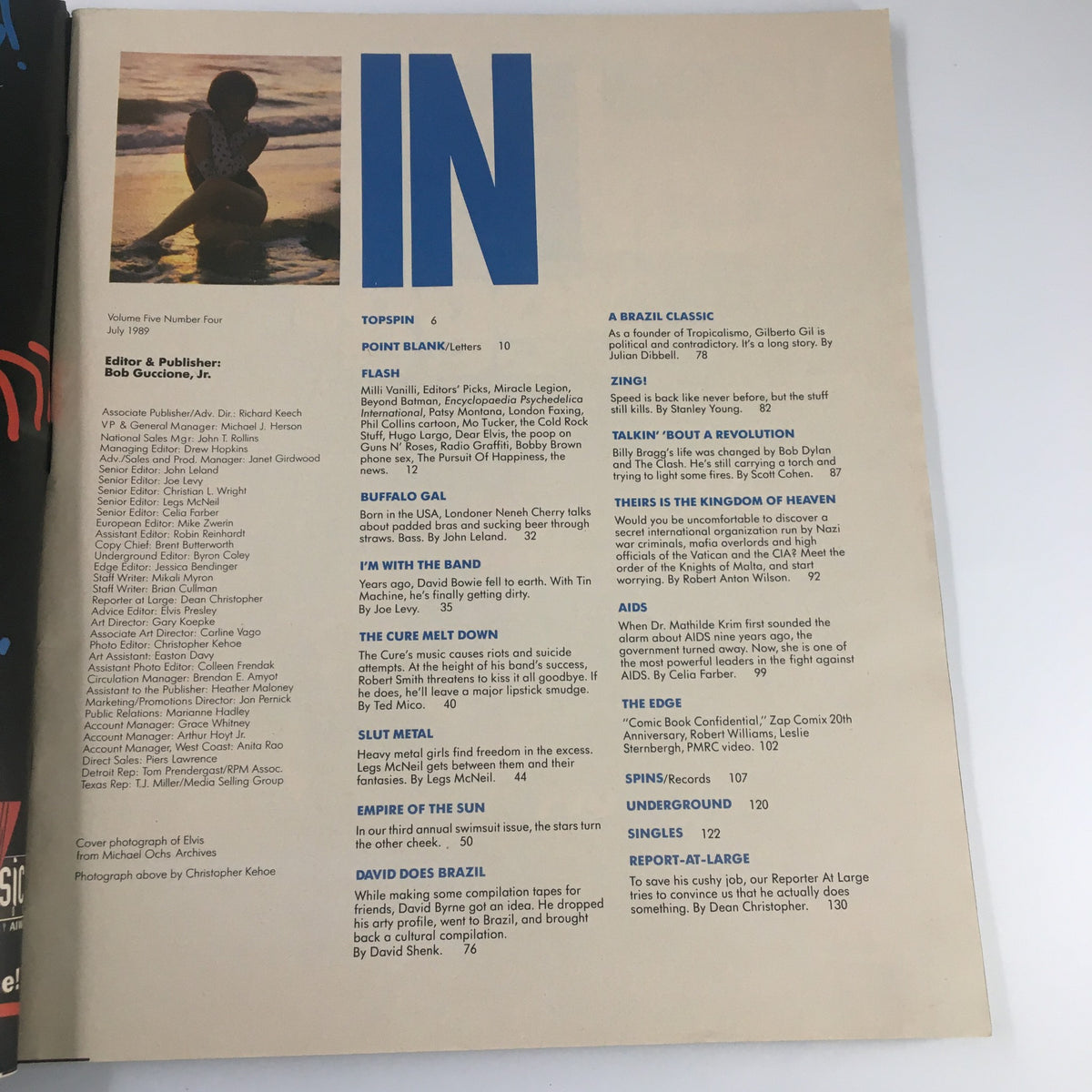 Interior page of VTG Spin Magazine July 1989 Vol 5 #4 showcasing articles including 'Buffalo Gal', 'The Cure Melt Down', and more, highlighting the cultural relevance of the 1980s music scene.