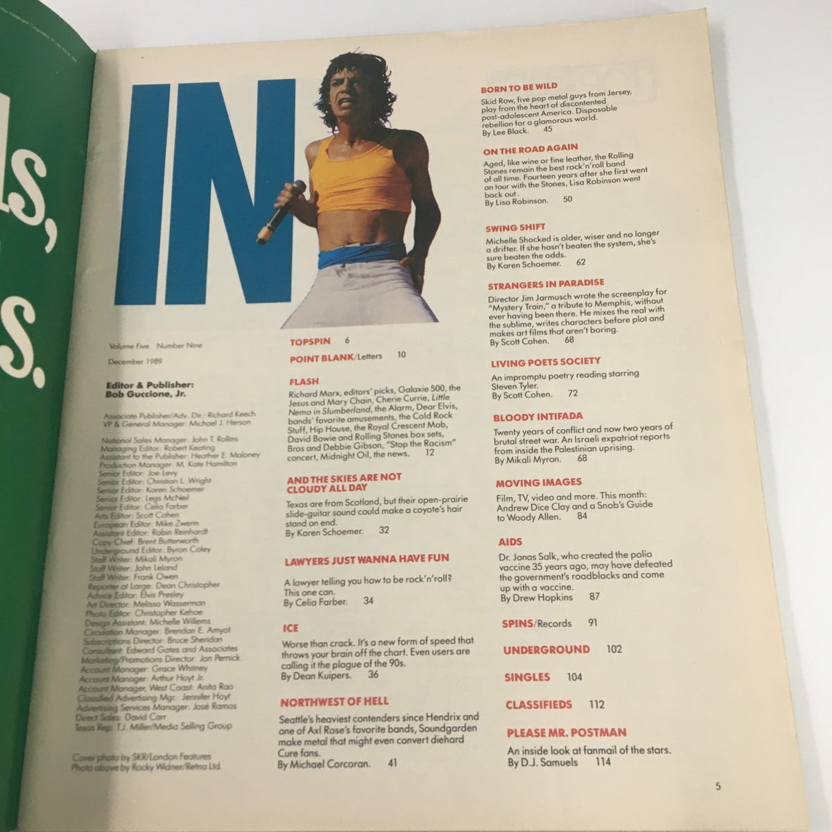 Page from VTG Spin Magazine December 1989 displaying the contents section with highlights of articles including Mick Jagger's performance and other notable features from the magazine.