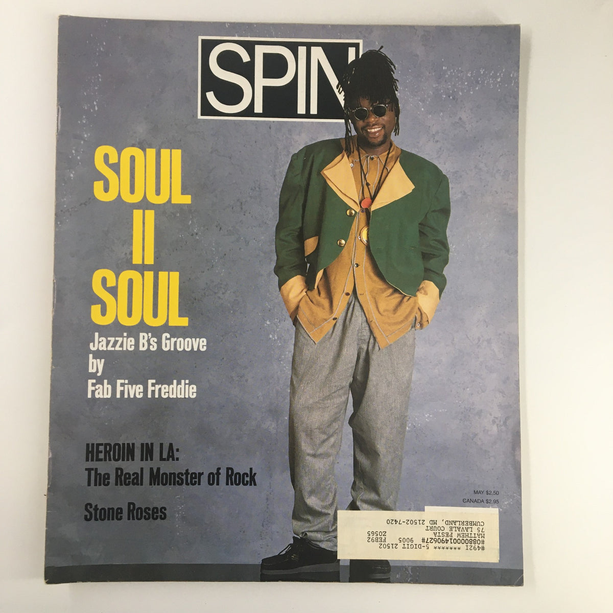 Cover of Spin Magazine May 1990, Vol 6 #2 featuring Soul II Soul and Jazzie B's Groove, showcasing vibrant colors and iconic fashion.